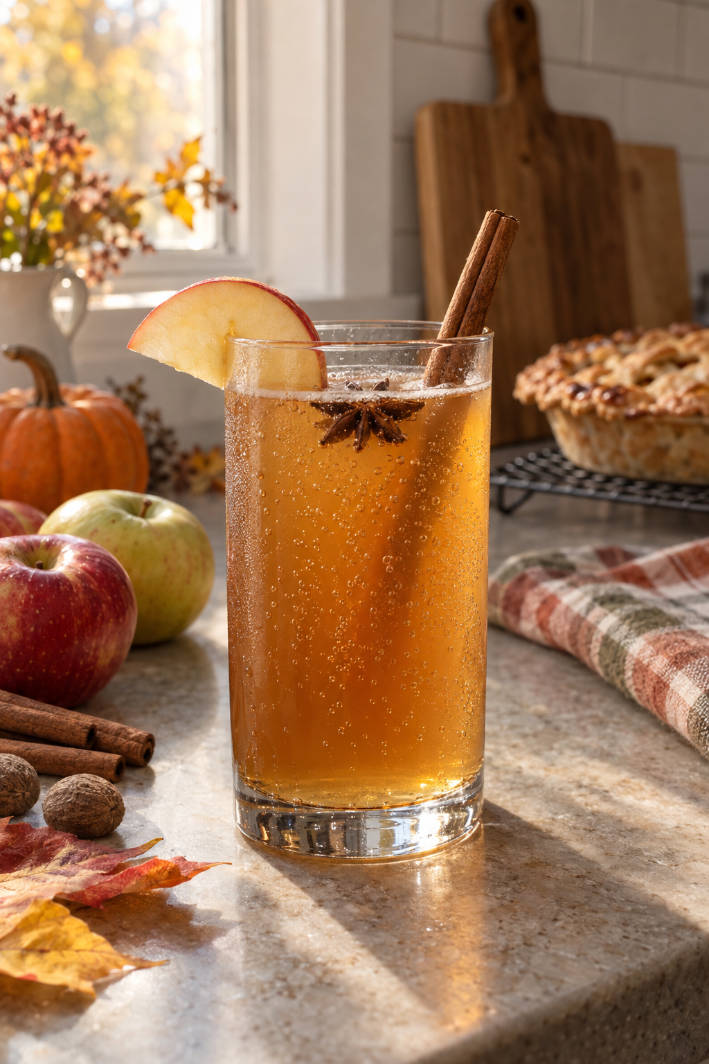 Glass of amber apple kombucha garnished with an apple slice and cinnamon stick