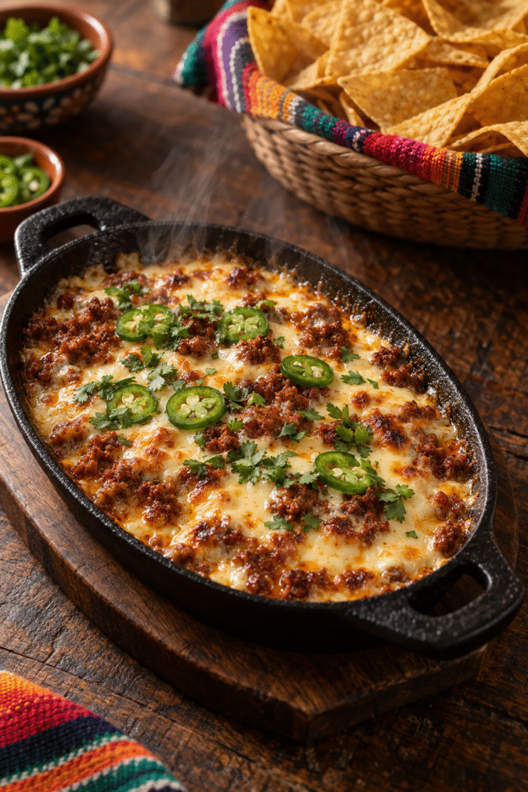 Queso fundido with chorizo and jalapeños in a cast-iron skillet