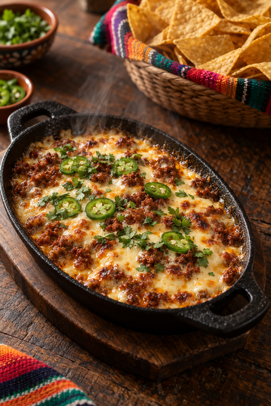 Queso fundido with chorizo and jalapeños in a cast-iron skillet
