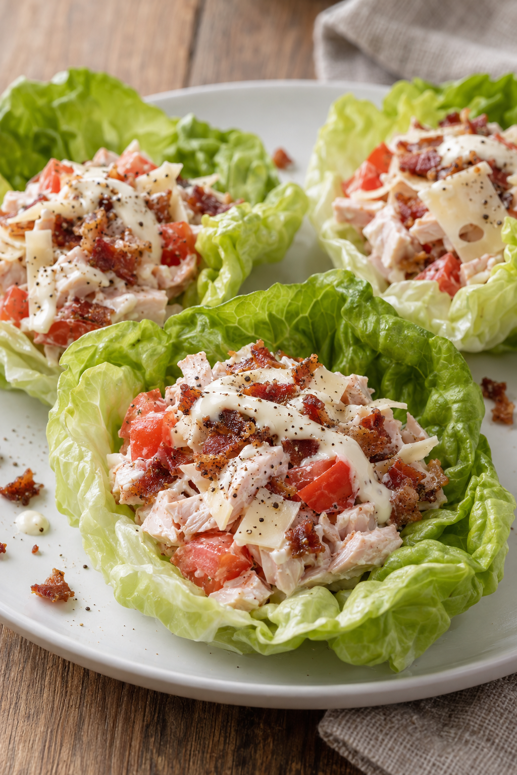 Turkey lettuce wraps filled with bacon, Swiss cheese and tomato