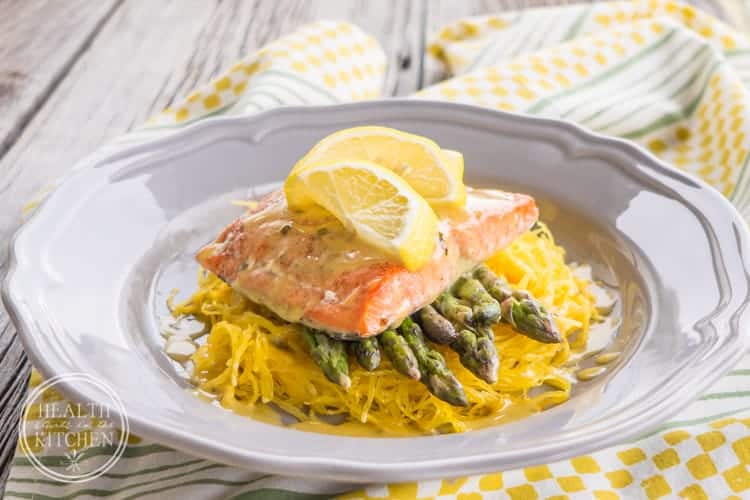 Oven Baked Salmon Asparagus & Spaghetti Squash with Lemon Beurre Blanc