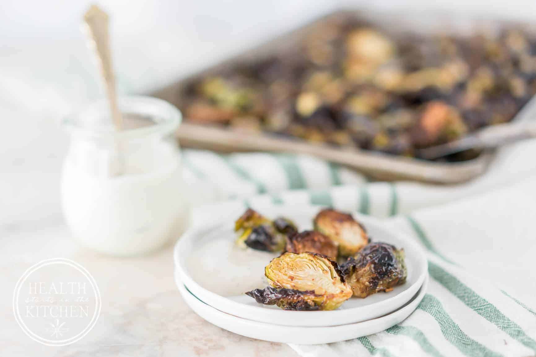 Oven Roasted Crispy Brussels Sprouts with Horseradish Sauce {Keto, Low-Carb & Paleo}
