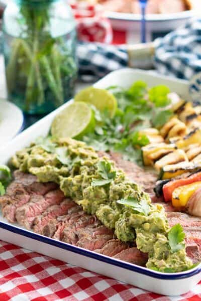 Grilled Guacamole Flank Steak with Hallumi Kebobs