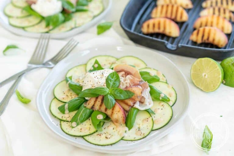 Grilled Nectarine Salad with Burrata, Prosciutto and Basil
