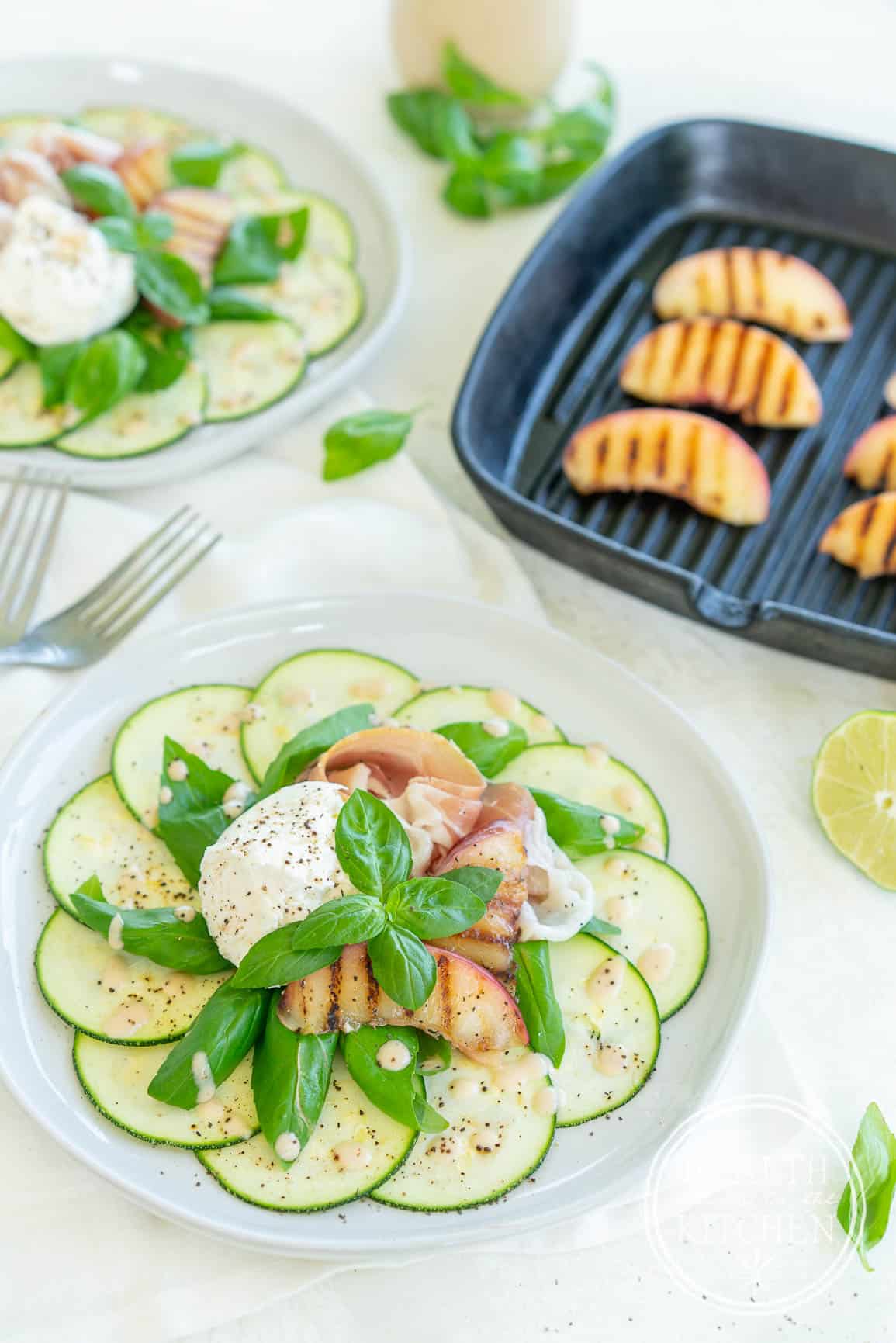 Grilled Nectarine Salad with Burrata, Prosciutto and Basil