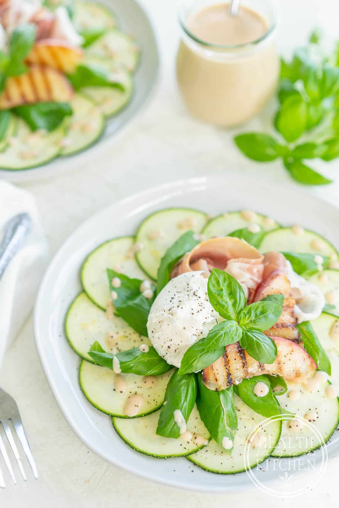 Grilled Nectarine Salad with Burrata, Prosciutto and Basil