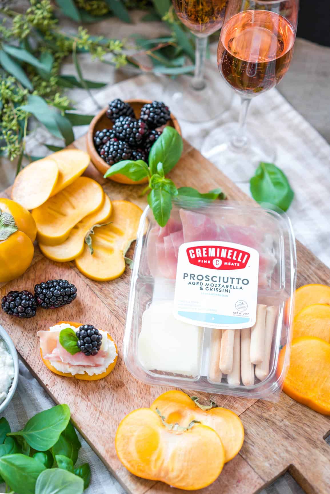 Easy Fuyu Persimmon Prosciutto Appetizers with Ricotta and Blackberries