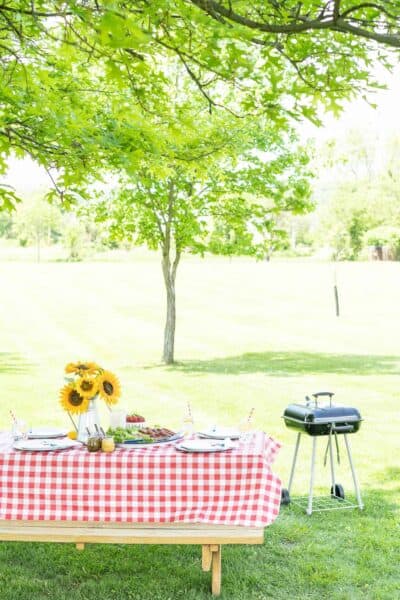 picnic table set in a field with a charcoal grill