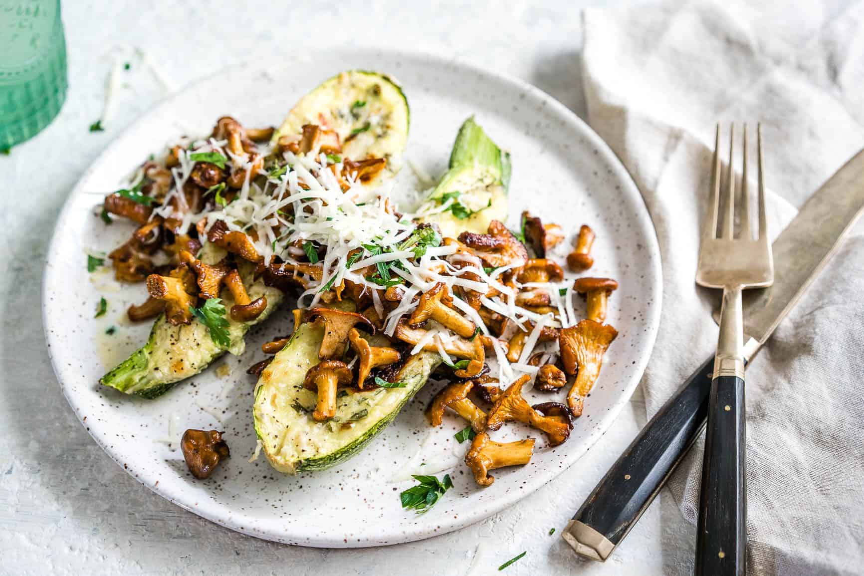 Whipped Cottage Cheese Stuffed Zucchini Boats with Chanterelle Mushrooms
