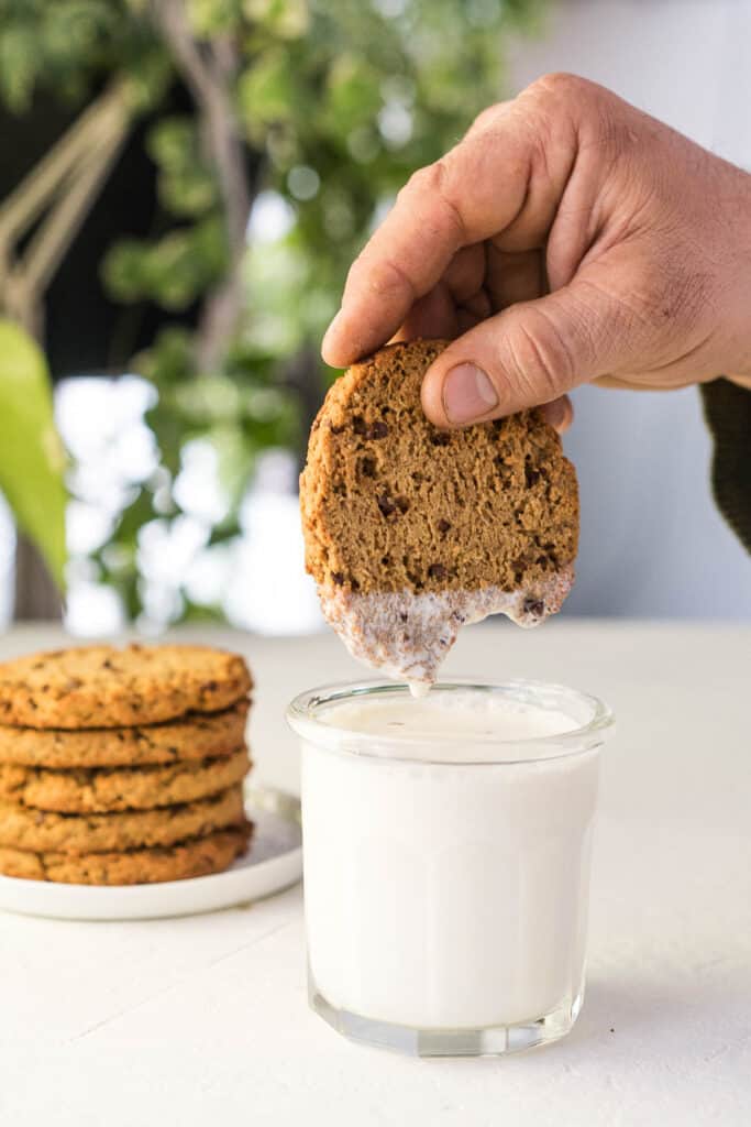 chocolate chip cookie dipped in a glass of milk with a stack of cookies in the background 