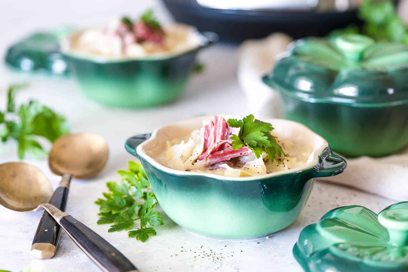 My Keto Creamy Corned Beef Soup is chock full of corned beef and cabbage flavor, swimming in a bowl of creamy deliciousness. Made quickly in your Instant Pot or pressure cooker, that's low-carb, gluten-free & grain-free!