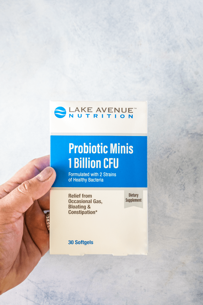 Lake Avenue Nutrition Probiotic Mini Supplements in a white box with blue and black printing. 