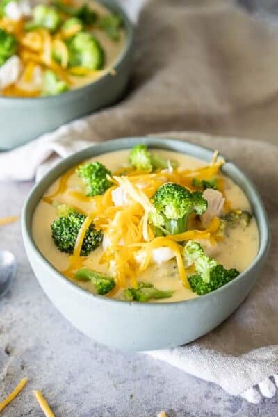 From start to finish, you need less than 30 minutes to whip up a batch of my Easy Keto Broccoli Cheese Soup with Chicken. Thick, creamy and delicious, you'll never guess that this low carb soup has only 9g net carbs per serving!