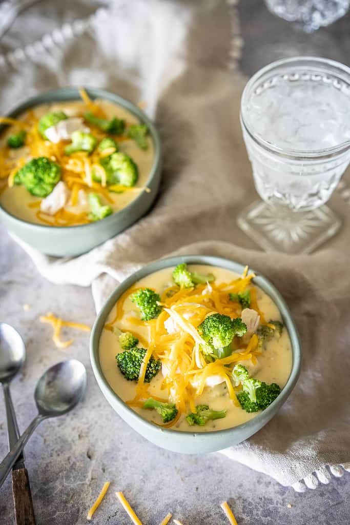 From start to finish, you need less than 30 minutes to whip up a batch of my Easy Keto Broccoli Cheese Soup with Chicken.  Thick, creamy and delicious, you'll never guess that this low carb soup has only 9g net carbs per serving!