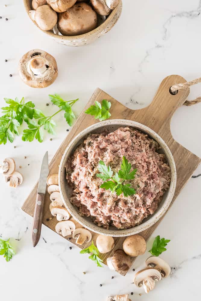 My All-Purpose Mushroom Meat Mixture Recipe is one of the most delicious ways to not only enjoy mushrooms but also turn ordinary dinners into superfood packed indulgence! This seasoned meat mixture is extremely versatile, perfect to be used as meatballs, filling for Stuffed Peppers, Salisbury steak, Meatloaf, etc.. and it's gluten-free, grain-free, low-carb and Keto!