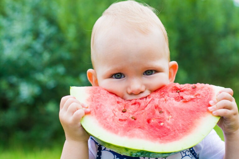 Cute little girl eating watermelon on the grass in summertime