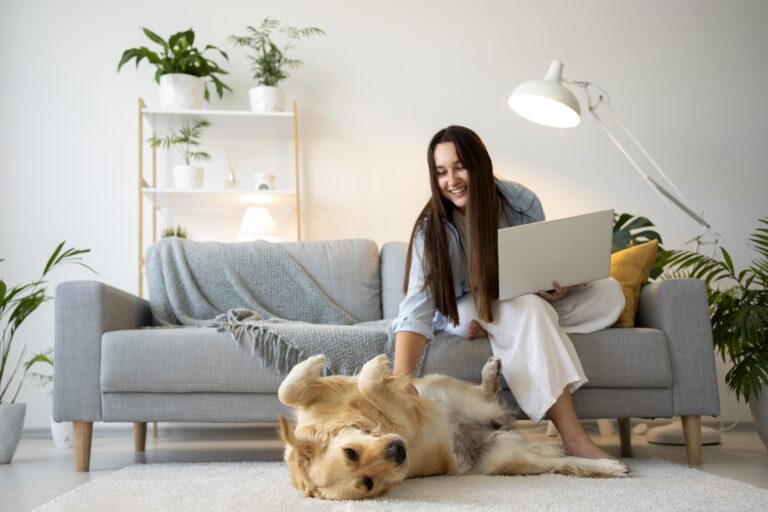 full shot woman working with cute dog