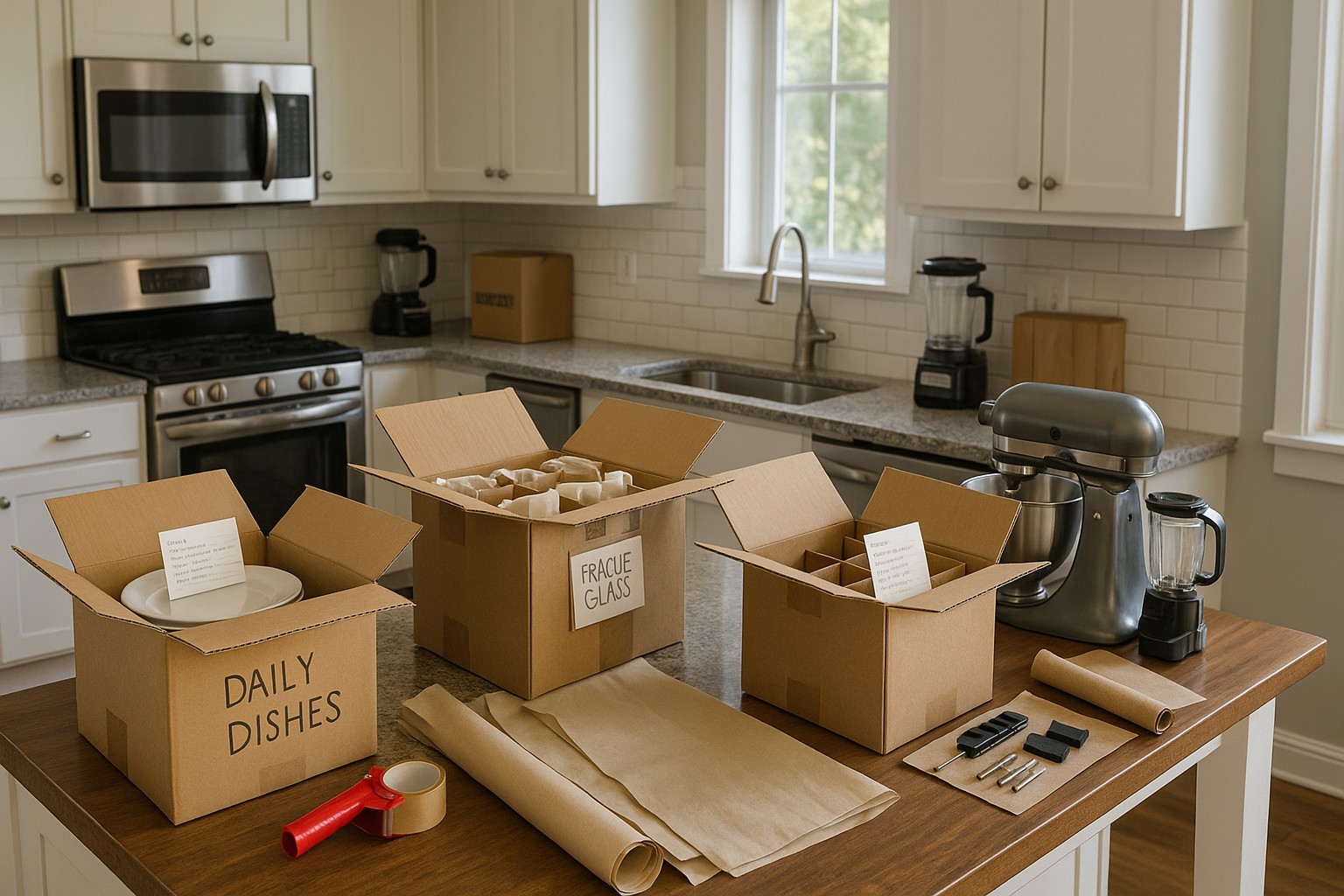boxes on a counter in a kitchen