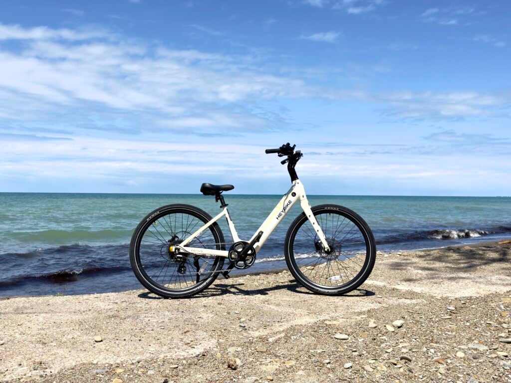 My white Heybike Venus beside the lake
