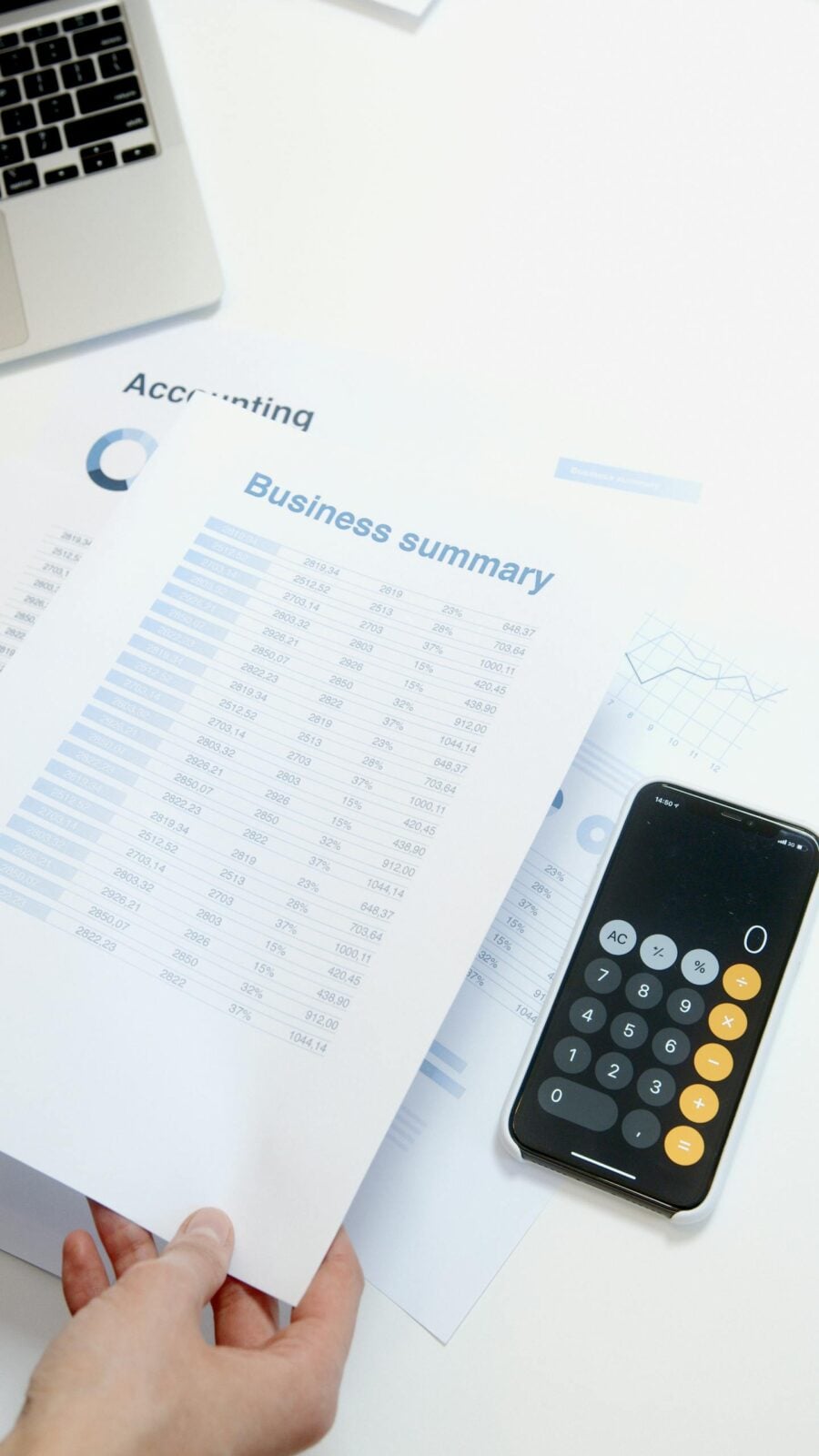 Business summary sheet with a calculator on a desk for financial analysis.