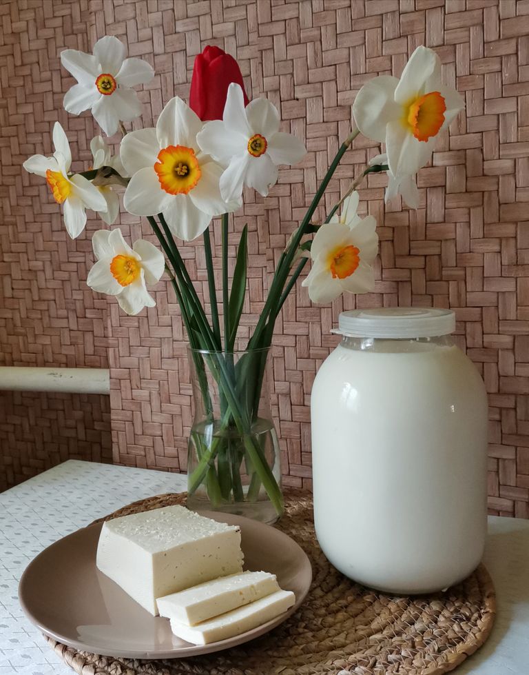 A rustic still life featuring cheese slices, a milk jar, and a vase of daffodils on a table.