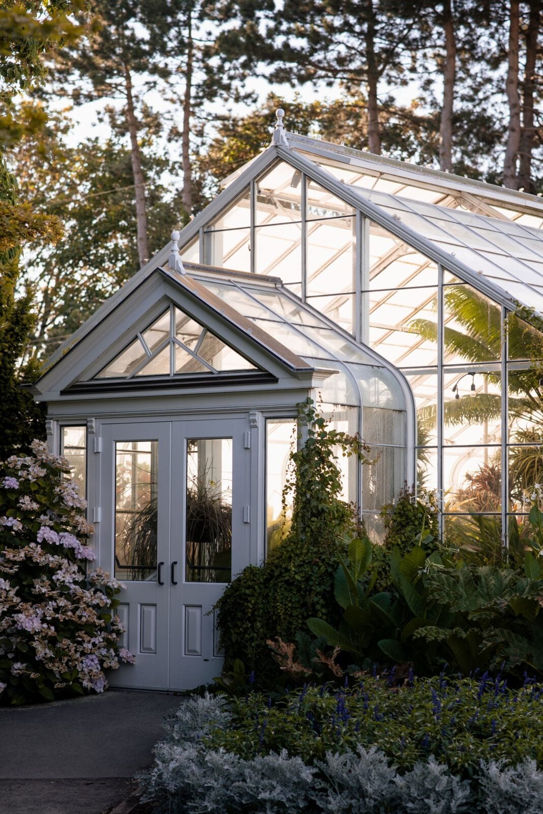 A beautiful greenhouse entrance in Seattle surrounded by lush greenery and flowers during daytime.