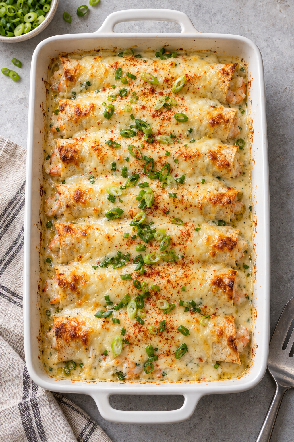 Overhead view of baked seafood enchiladas topped with cheese, paprika and green onions in a white rectangular dish.