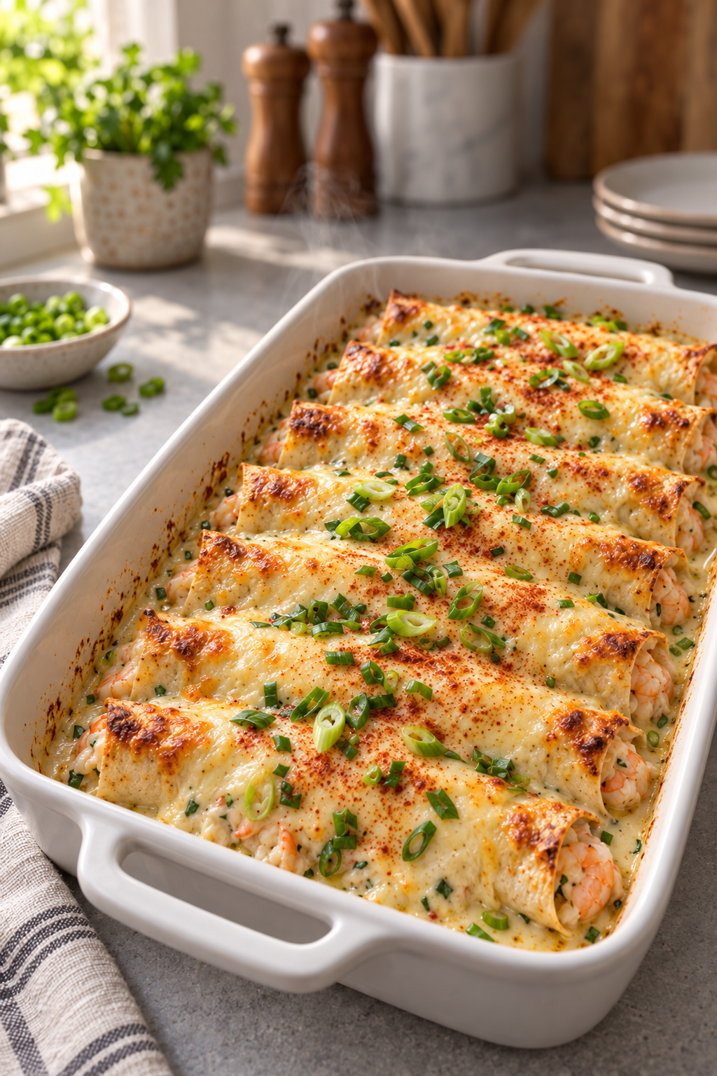 Creamy seafood enchiladas in a white baking dish with golden melted cheese, paprika and sliced green onions.