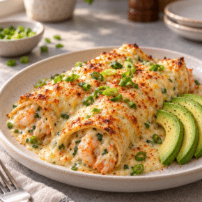 Two creamy seafood enchiladas topped with melted cheese, paprika and green onions, served with sliced avocado.