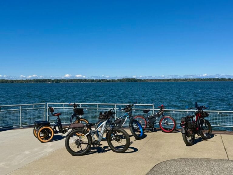 Several different e-bikes parked beside a waterfront railing.