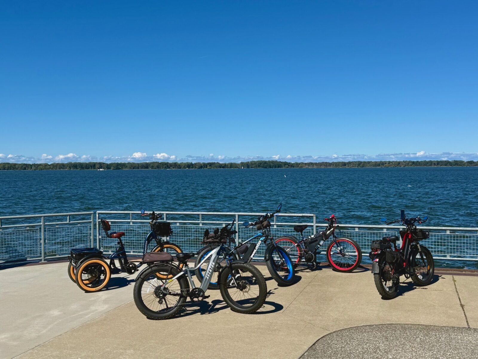 Several different e-bikes parked beside a waterfront railing.