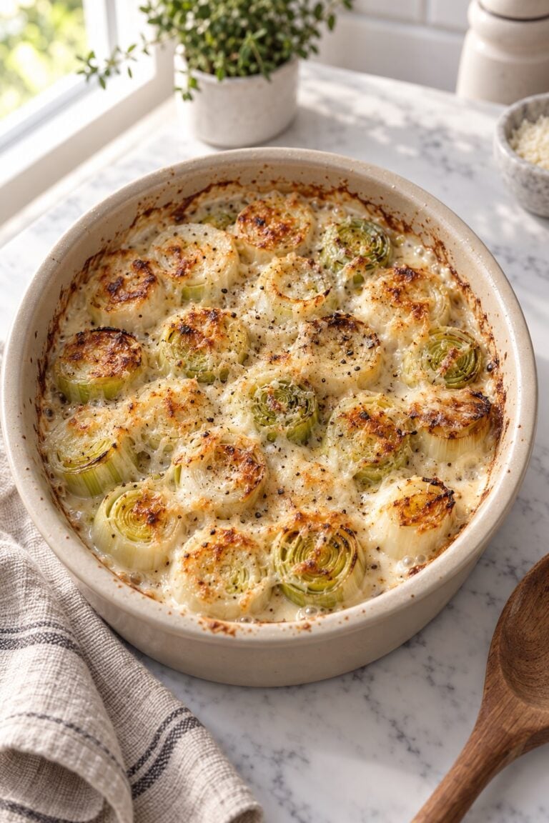 Air fryer leek gratin with browned upright leek rounds in creamy Parmesan sauce