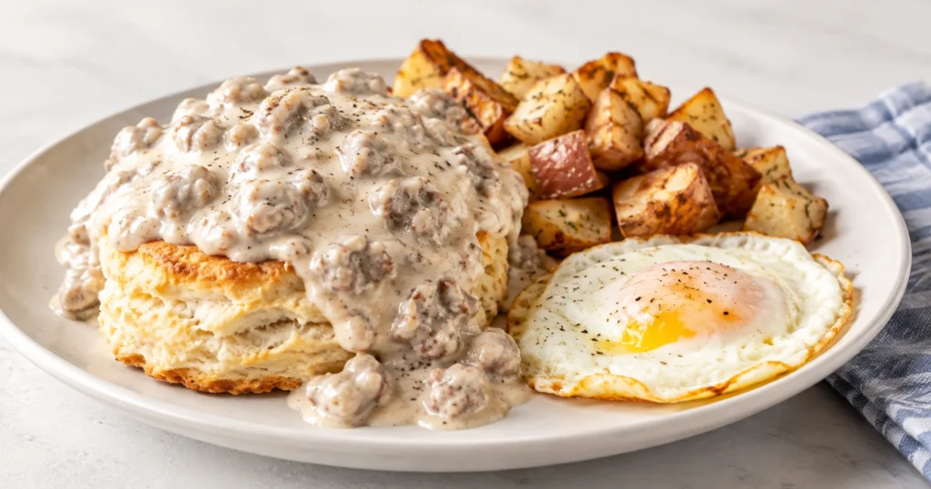 Sausage gravy over a biscuit with a fried egg and breakfast potatoes