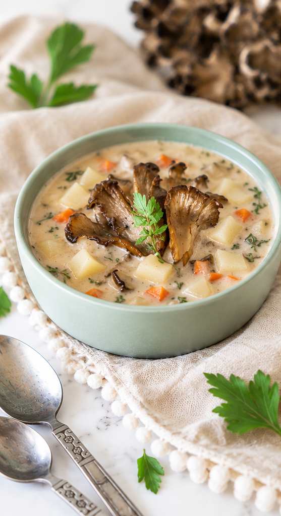 Creamy maitake mushroom chowder with cubed potatoes and carrots in a green bowl