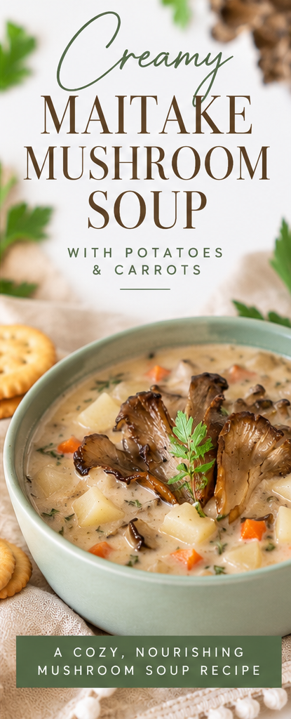 Creamy maitake mushroom soup with potatoes and carrots recipe Pinterest pin