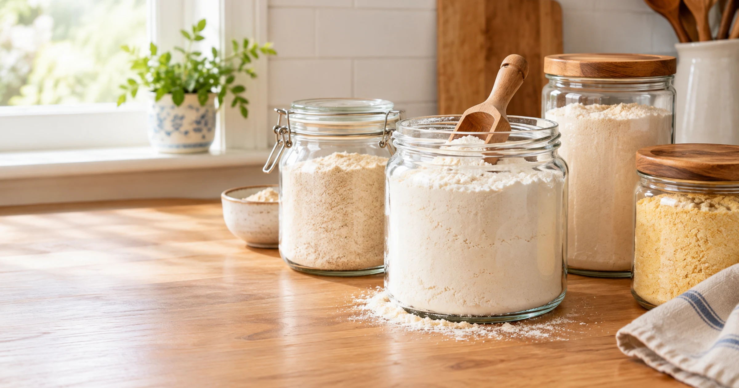 Glass jars of baking ingredients with a wooden scoop on a sunlit kitchen counter.