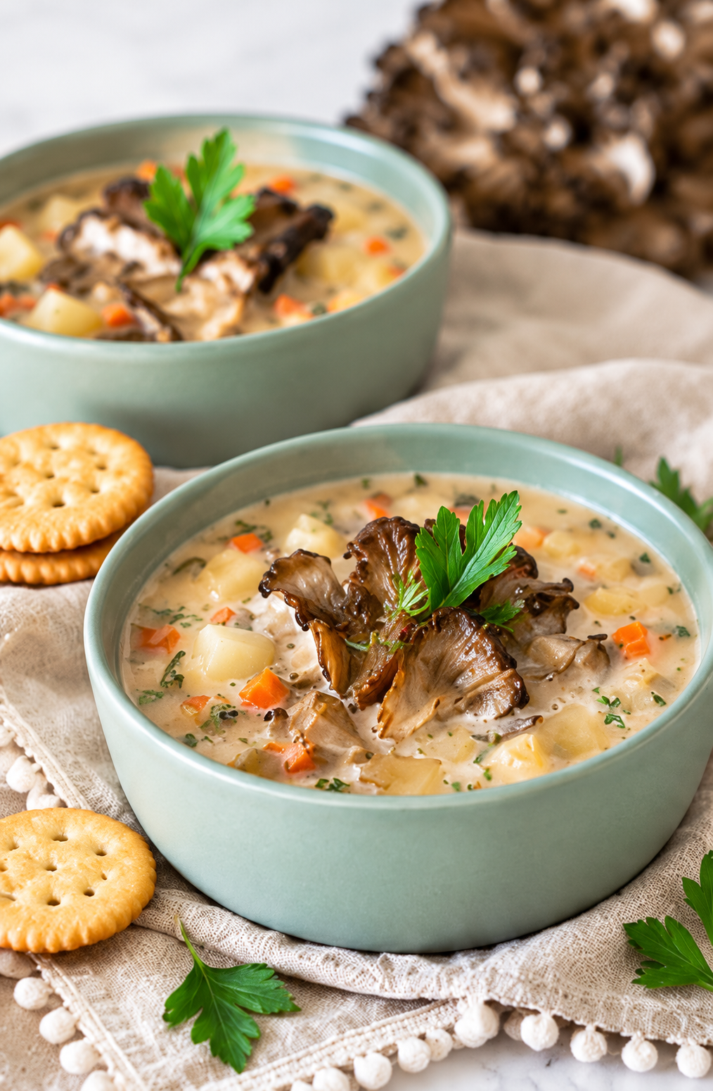 Two green bowls of maitake mushroom chowder served with crackers