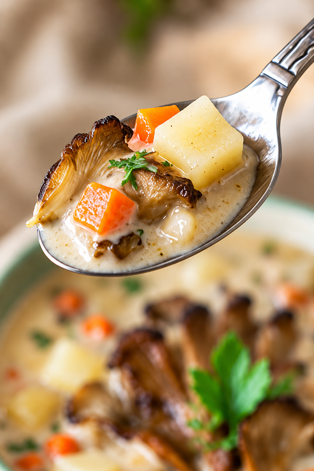 Spoonful of creamy maitake chowder with potato, carrot and mushroom