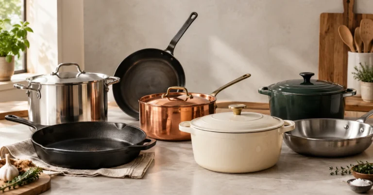 Assorted pots and frying pans arranged on a kitchen counter