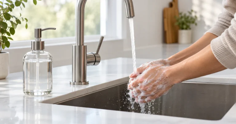 Soapy hands beneath running water at a kitchen sink