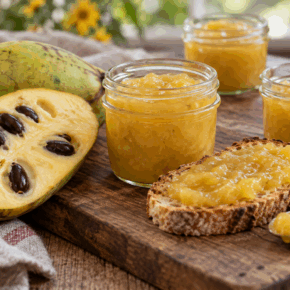 Homemade pawpaw freezer jam with ripe American pawpaw fruit