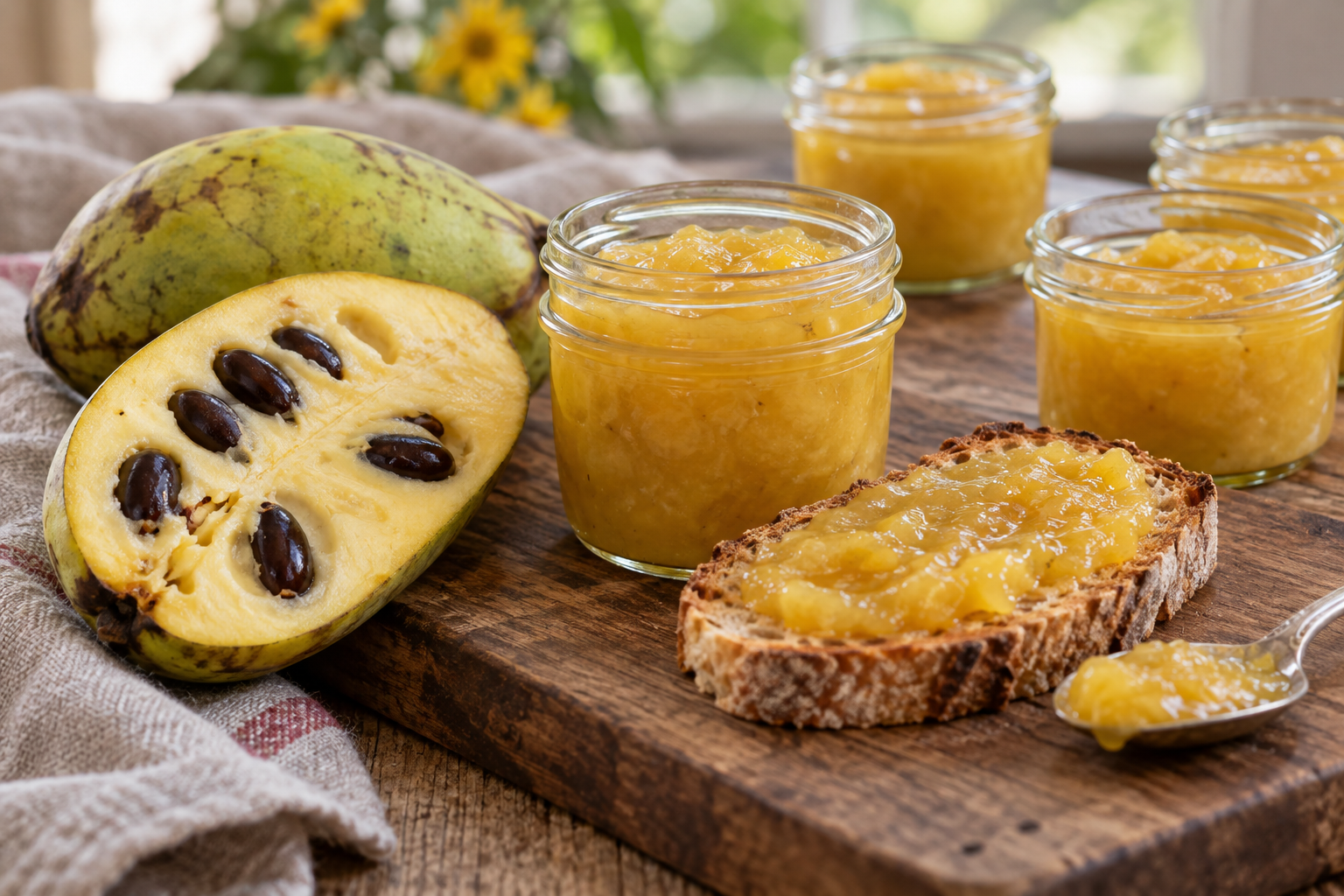 Homemade pawpaw freezer jam with ripe American pawpaw fruit
