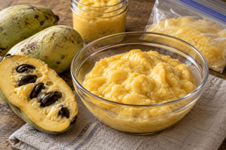 Fresh American pawpaw pulp in a glass bowl with ripe pawpaw fruit and freezer storage containers
