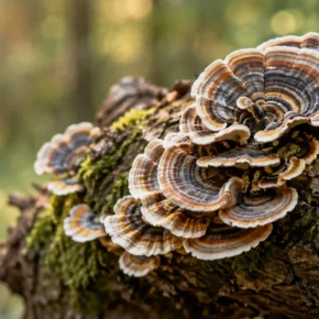 Layered, banded bracket mushrooms growing on mossy wood