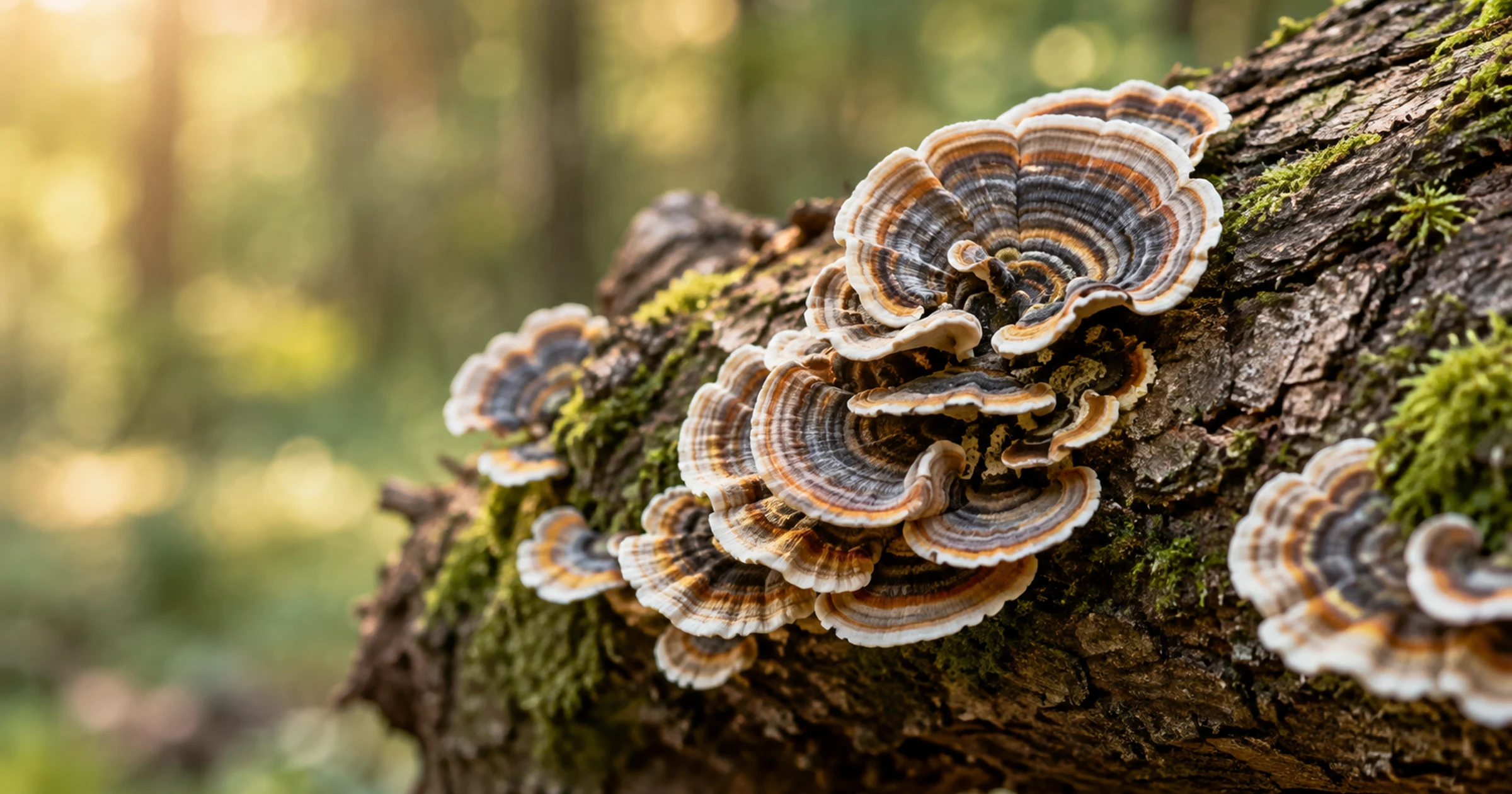 Layered, banded bracket mushrooms growing on mossy wood